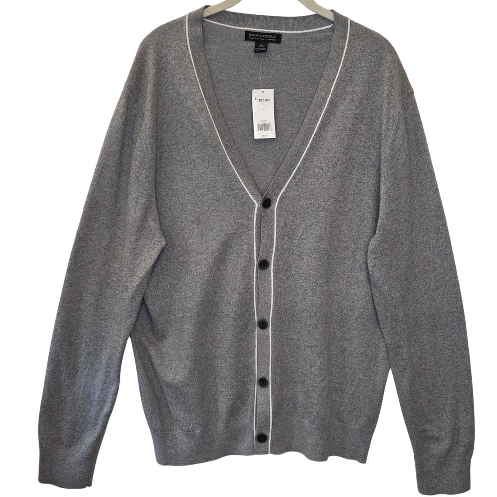 Banana Republic Mens Gray Pima Cotton Cashmere V-Neck Cardigan Sweater Large NWT